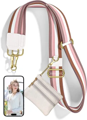 Nipichsha Crossbody Phone Strap with Wallet, Clip and Go Strap for Phone with Wallet, Adjustable Crossbody Cell Belt with Zippered Pouch, Neck Shoulder Cell Lanyard for Women, Minimalist Stripes