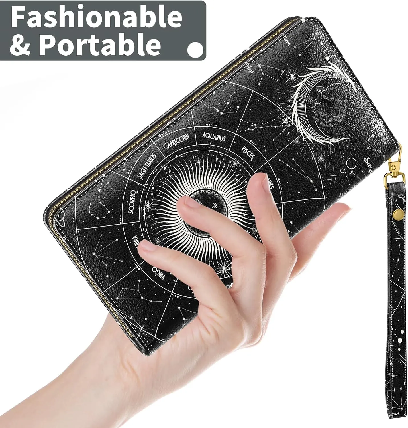 Nipichsha Womens Wallet, RFID Wristlet Wallet for Women, Cute Ladies Purse, Large Credit Card Clutch Purse, Leather Card Holder Wallets with Zipper & Phone Holder, Sun Moon