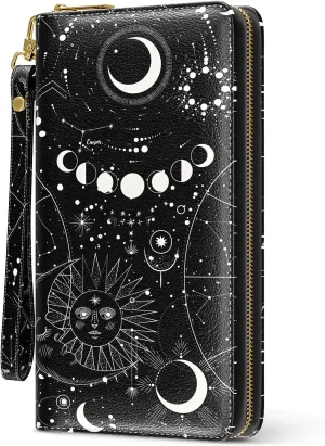 Nipichsha Womens Wallet, RFID Wristlet Wallet for Women, Cute Ladies Purse, Large Credit Card Clutch Purse, Leather Card Holder Wallets with Zipper & Phone Holder, Sun Moon