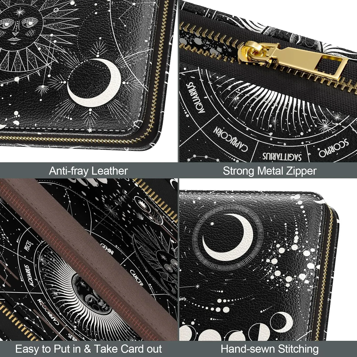 Nipichsha Womens Wallet, RFID Wristlet Wallet for Women, Cute Ladies Purse, Large Credit Card Clutch Purse, Leather Card Holder Wallets with Zipper & Phone Holder, Sun Moon