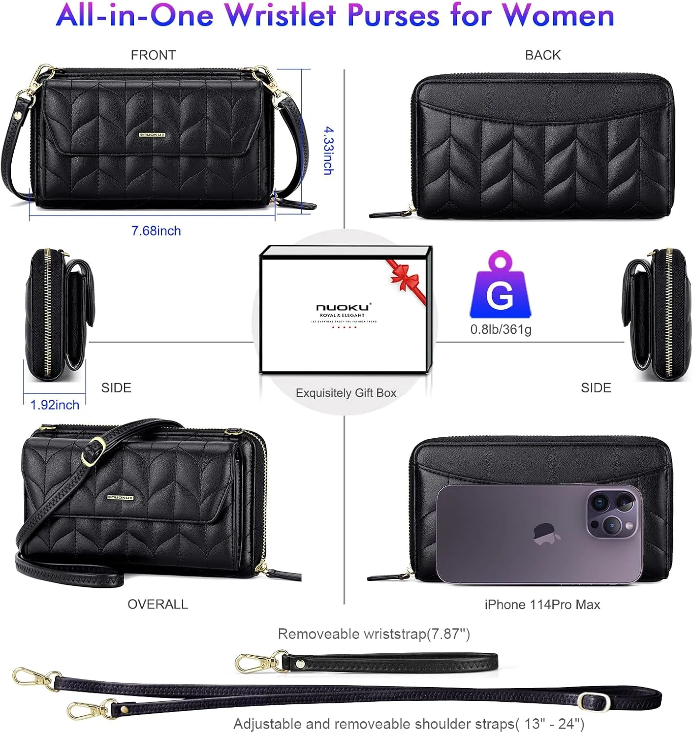 nuoku Womens RFID Wallet Purse Wristlet Crossbody Clutch with Zip Around 2 Strap