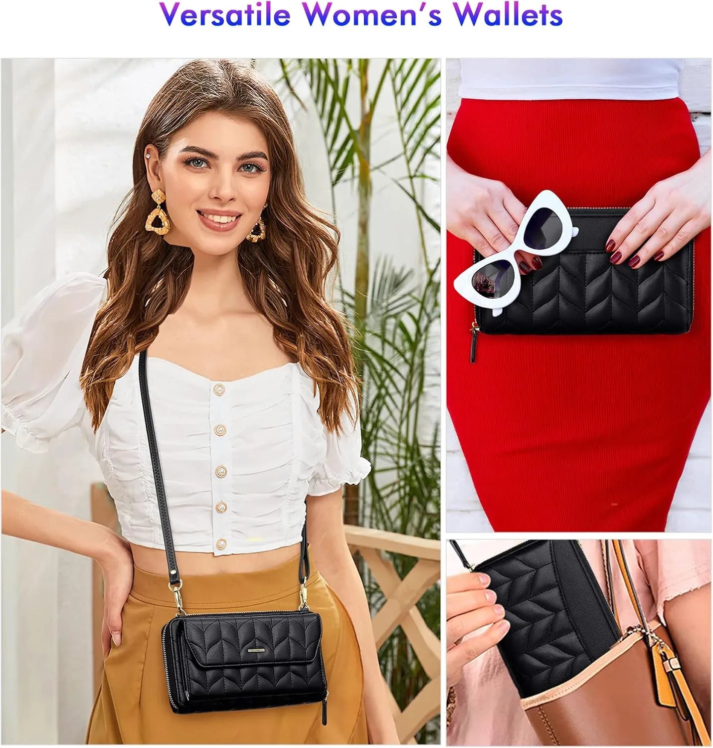 nuoku Womens RFID Wallet Purse Wristlet Crossbody Clutch with Zip Around 2 Strap