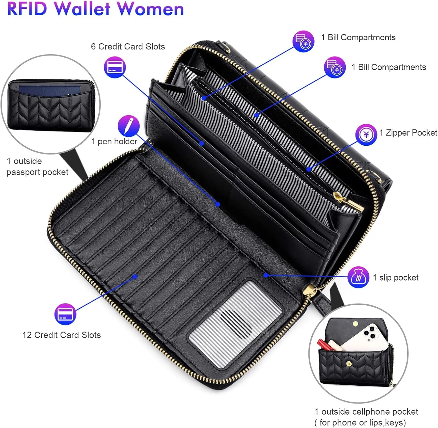 nuoku Womens RFID Wallet Purse Wristlet Crossbody Clutch with Zip Around 2 Strap