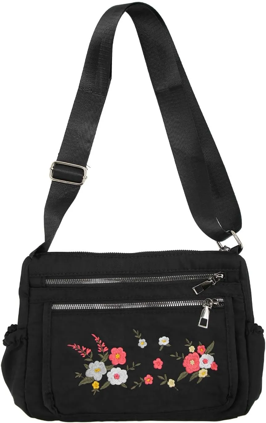 Nylon Messenger Bag, Soft Casual Adjustable Portable Floral Embroidered Shoulder Bag Waterproof for Travel for Lady