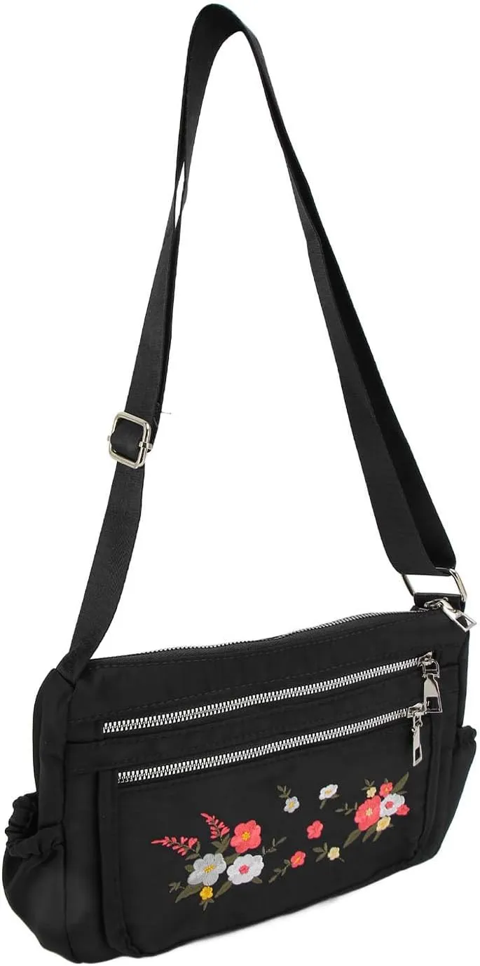 Nylon Messenger Bag, Soft Casual Adjustable Portable Floral Embroidered Shoulder Bag Waterproof for Travel for Lady