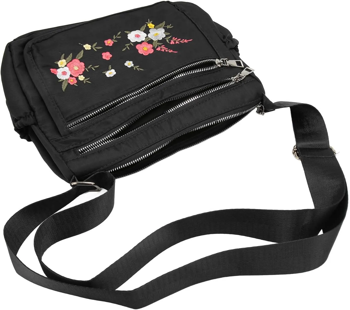 Nylon Messenger Bag, Soft Casual Adjustable Portable Floral Embroidered Shoulder Bag Waterproof for Travel for Lady