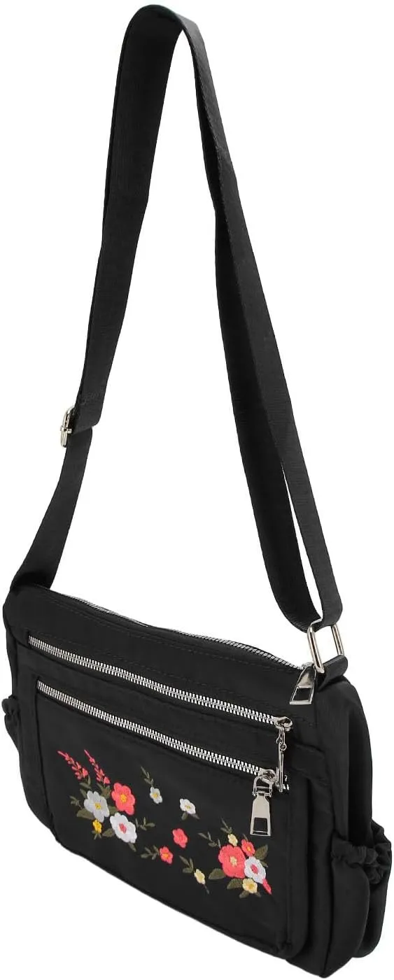 Nylon Messenger Bag, Soft Casual Adjustable Portable Floral Embroidered Shoulder Bag Waterproof for Travel for Lady