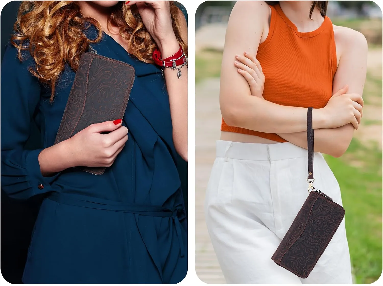 Oak Leathers Leather Wallet for Women - RFID Womens Wallet Clutch with 8 Credit Card Holder, Coin Pocket Vintage Brown Embossed