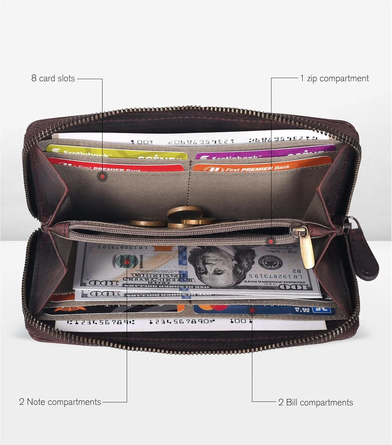 Oak Leathers Leather Wallet for Women - RFID Womens Wallet Clutch with 8 Credit Card Holder, Coin Pocket Vintage Brown Embossed