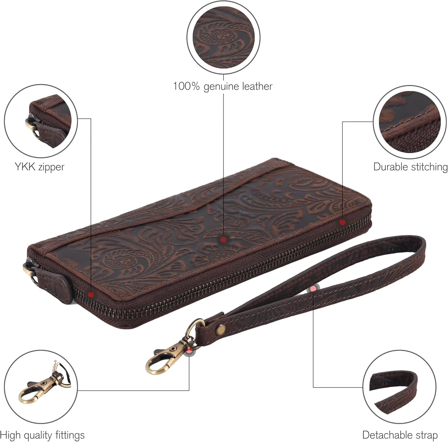 Oak Leathers Leather Wallet for Women - RFID Womens Wallet Clutch with 8 Credit Card Holder, Coin Pocket Vintage Brown Embossed