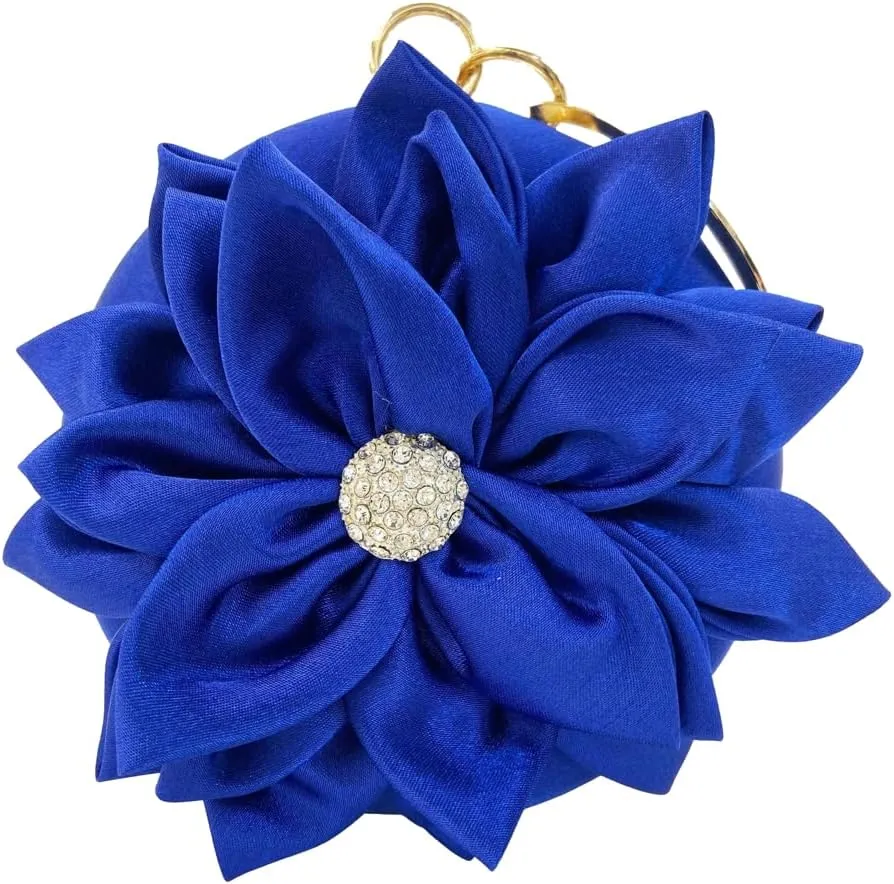 Obosoyo Women Flower Shaped Rhinestone Clutch Soft Satin Wristlet Handbag Round Purse Wedding Party Purse Clutch Evening Bag