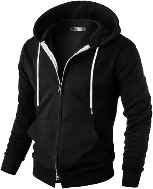 Ohoo Mens Slim Fit Double Slide Zipper Zip Up Hooded Sweatshirt Lightweight Long Sleeve Hoodie Jacket with Kanga Pocket