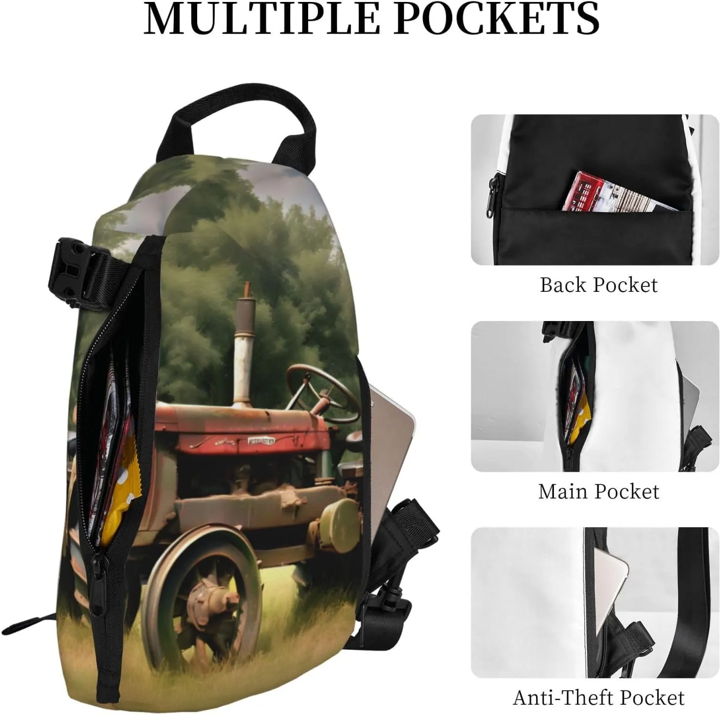 Old Tractor Photoes Farm Print Crossbody Backpack Casual Adjustable Bag Multifunctional Sling Backpack
