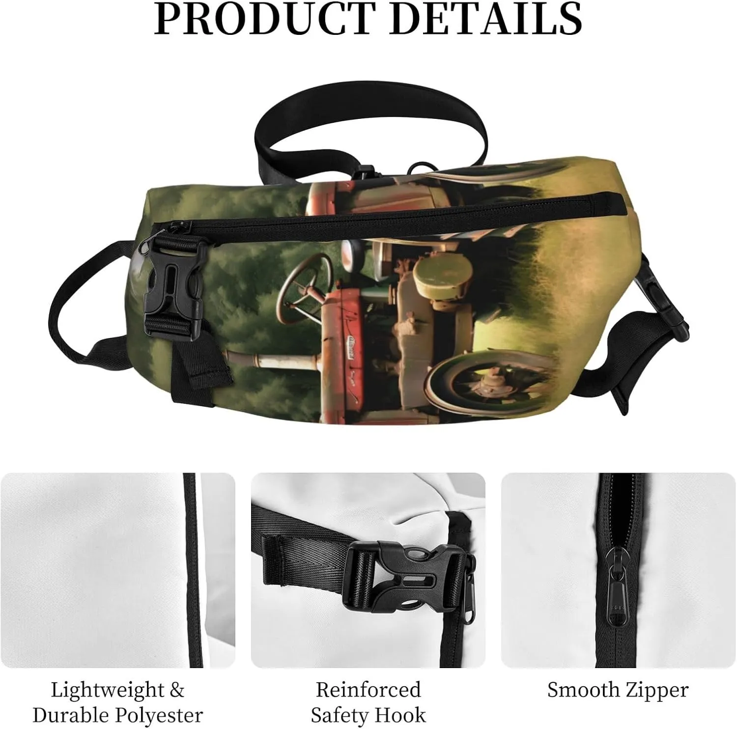 Old Tractor Photoes Farm Print Crossbody Backpack Casual Adjustable Bag Multifunctional Sling Backpack