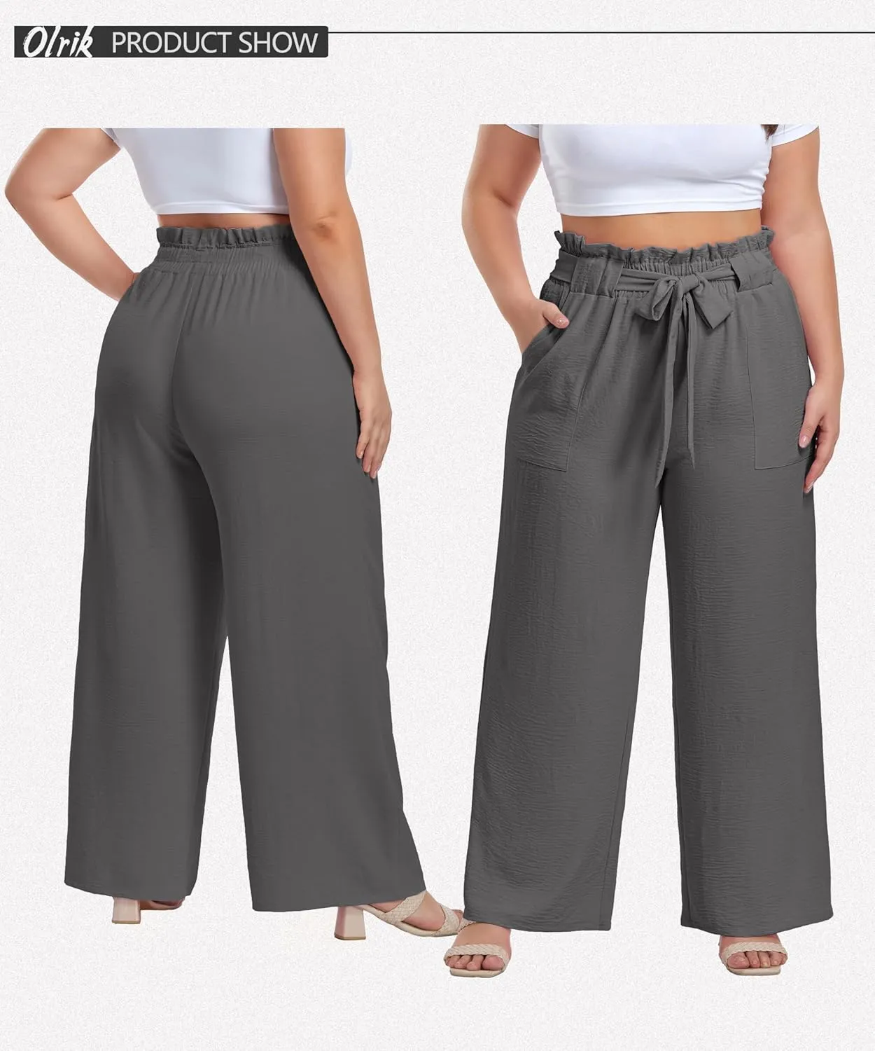 OLRIK Women's Casual Plus Size Pants High Waisted Self-tie Belted Lounge Pants Straight Long Trousers with Pockets