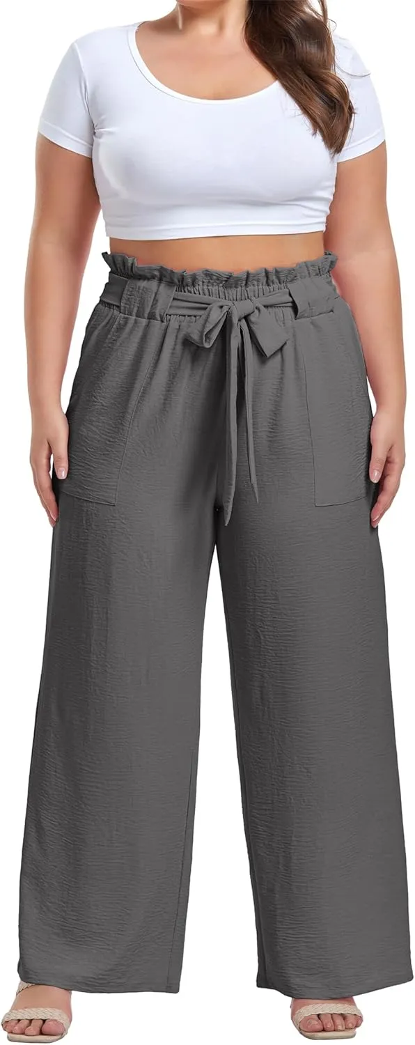 OLRIK Women's Casual Plus Size Pants High Waisted Self-tie Belted Lounge Pants Straight Long Trousers with Pockets
