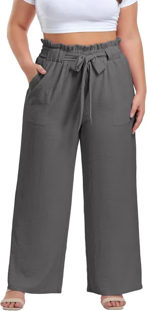 OLRIK Women's Casual Plus Size Pants High Waisted Self-tie Belted Lounge Pants Straight Long Trousers with Pockets