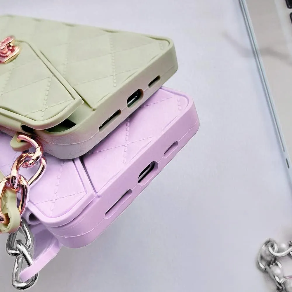 Omio Compatible with iPhone 15 Plus Wallet Case with Card Holder Luxury Chain Case with Long Pearl Shoulder Crossbody Lanyard Wrist Strap Soft Silicone Handbag Cover for iPhone 14 Plus Women, Purple