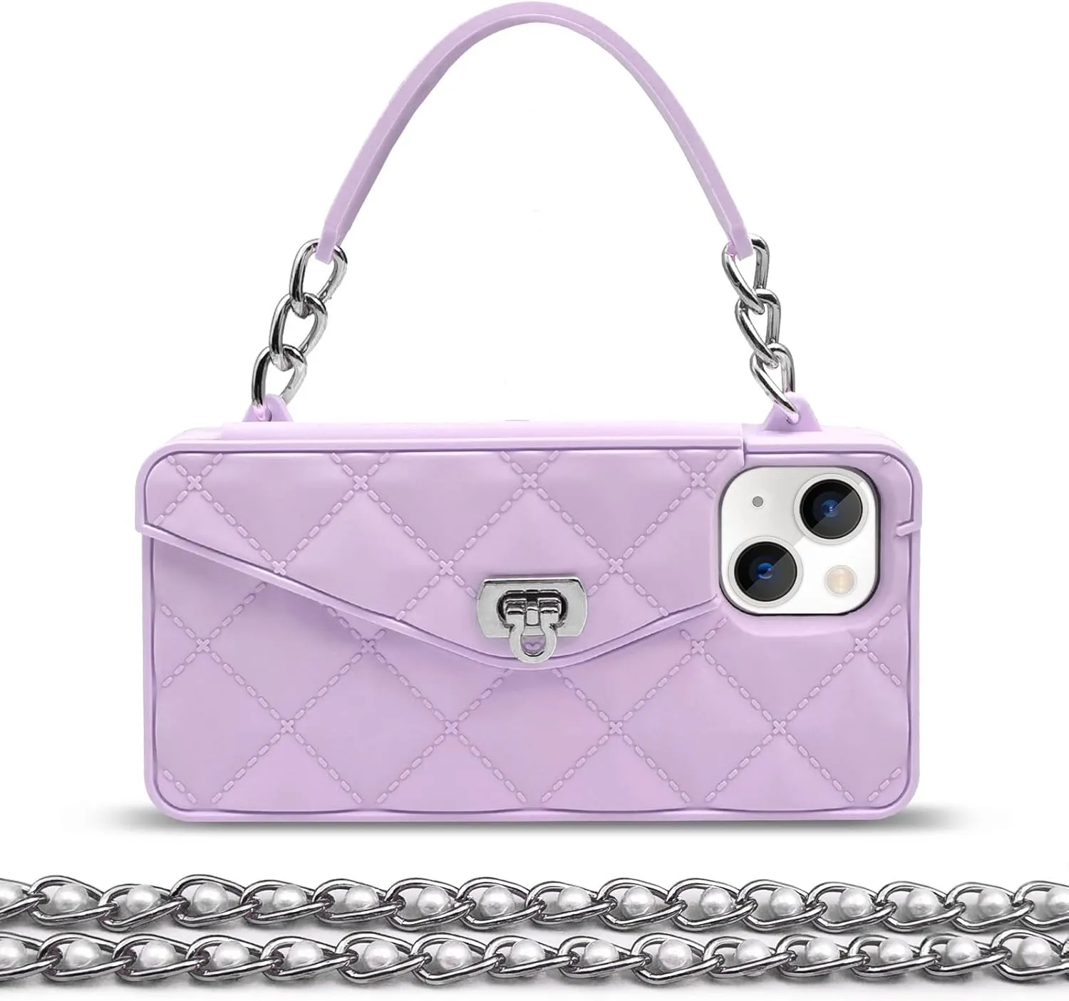 Omio Compatible with iPhone 15 Plus Wallet Case with Card Holder Luxury Chain Case with Long Pearl Shoulder Crossbody Lanyard Wrist Strap Soft Silicone Handbag Cover for iPhone 14 Plus Women, Purple