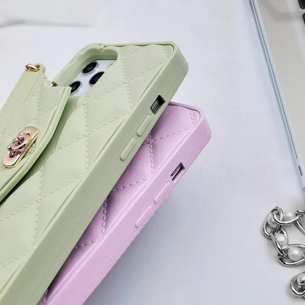Omio Compatible with iPhone 15 Plus Wallet Case with Card Holder Luxury Chain Case with Long Pearl Shoulder Crossbody Lanyard Wrist Strap Soft Silicone Handbag Cover for iPhone 14 Plus Women, Purple