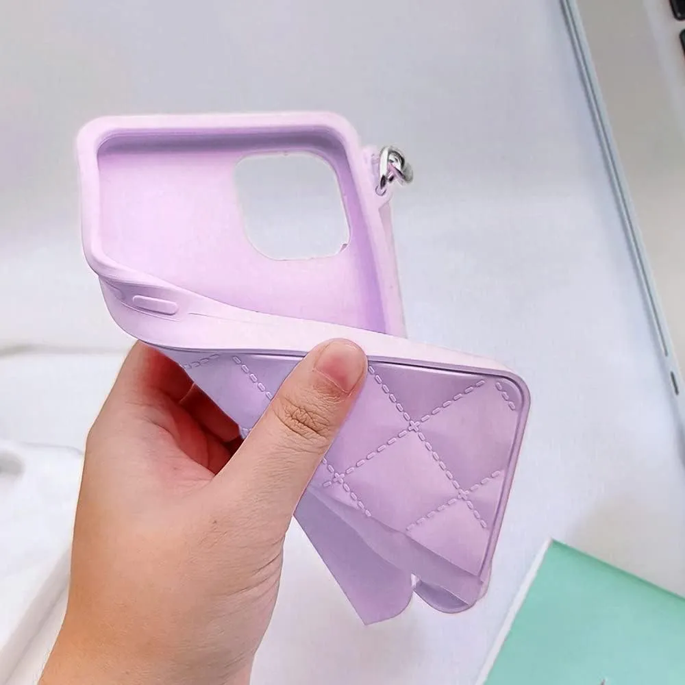 Omio Compatible with iPhone 15 Plus Wallet Case with Card Holder Luxury Chain Case with Long Pearl Shoulder Crossbody Lanyard Wrist Strap Soft Silicone Handbag Cover for iPhone 14 Plus Women, Purple