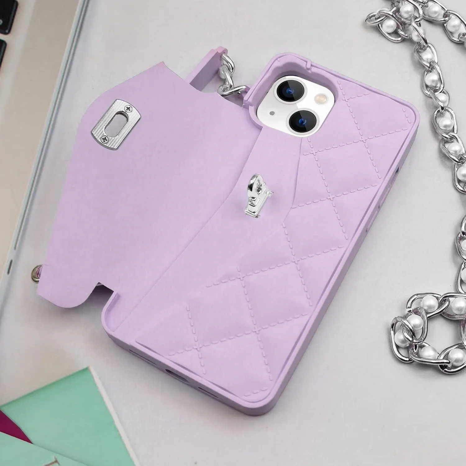 Omio Compatible with iPhone 15 Plus Wallet Case with Card Holder Luxury Chain Case with Long Pearl Shoulder Crossbody Lanyard Wrist Strap Soft Silicone Handbag Cover for iPhone 14 Plus Women, Purple