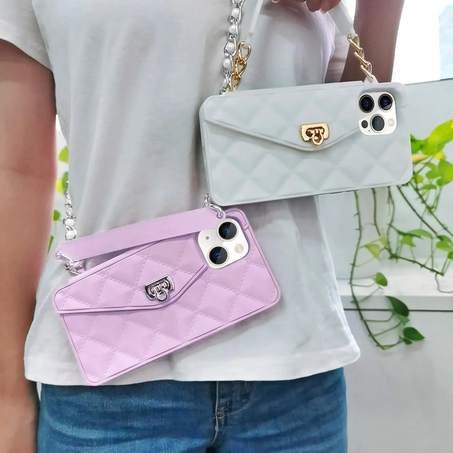Omio Compatible with iPhone 15 Plus Wallet Case with Card Holder Luxury Chain Case with Long Pearl Shoulder Crossbody Lanyard Wrist Strap Soft Silicone Handbag Cover for iPhone 14 Plus Women, Purple
