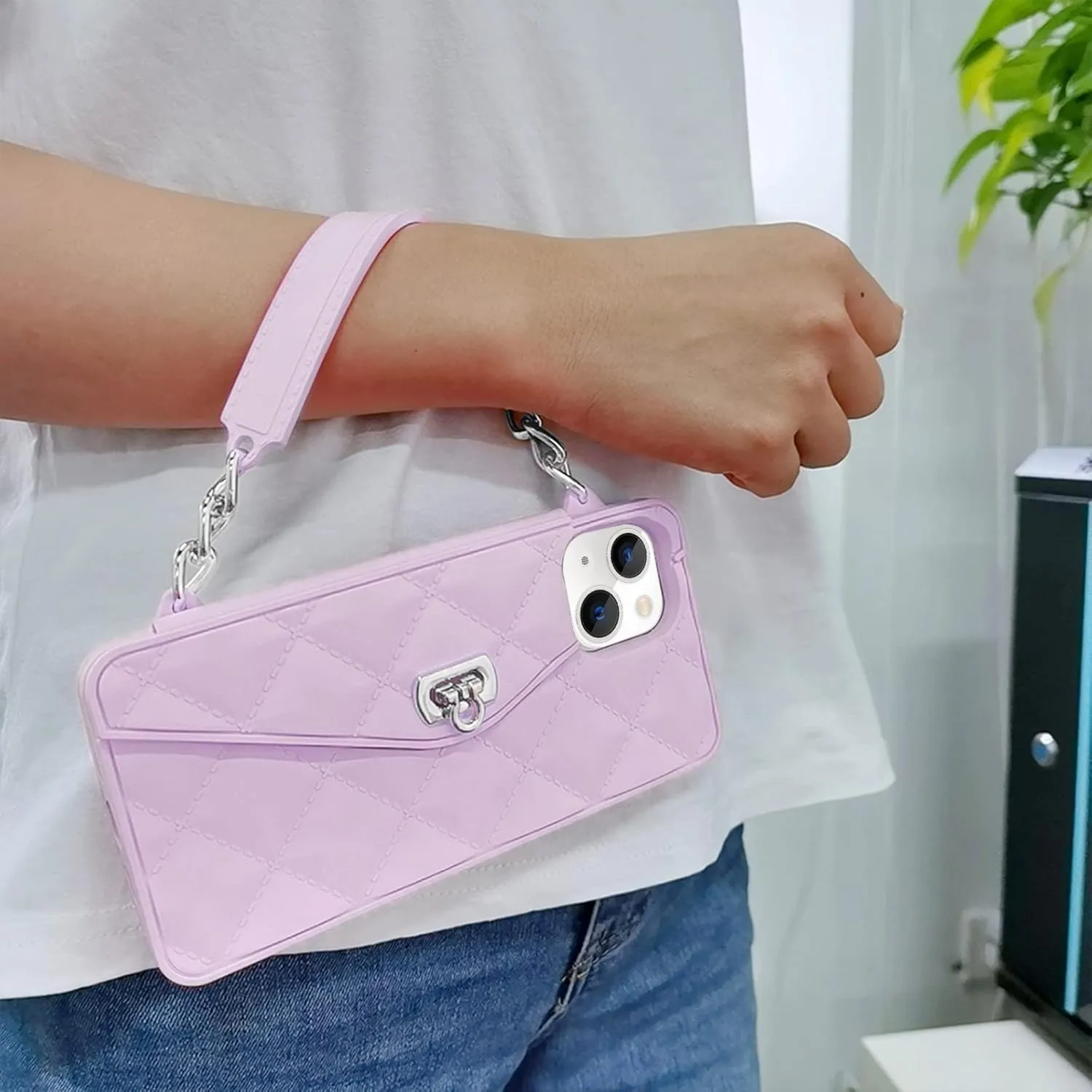 Omio Compatible with iPhone 15 Plus Wallet Case with Card Holder Luxury Chain Case with Long Pearl Shoulder Crossbody Lanyard Wrist Strap Soft Silicone Handbag Cover for iPhone 14 Plus Women, Purple