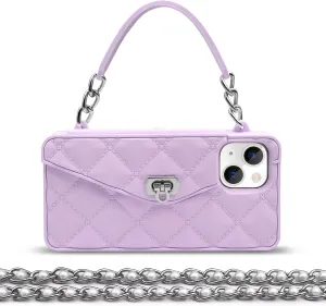 Omio Compatible with iPhone 15 Plus Wallet Case with Card Holder Luxury Chain Case with Long Pearl Shoulder Crossbody Lanyard Wrist Strap Soft Silicone Handbag Cover for iPhone 14 Plus Women, Purple