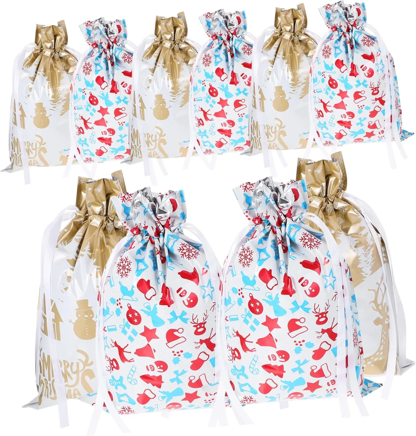 ORFOFE 10Pcs Christmas Drawstring present Bags Reusable Xmas Treat Pouches Versatile Holiday Packaging for Candy and Party Favors Classic Festive Design Each
