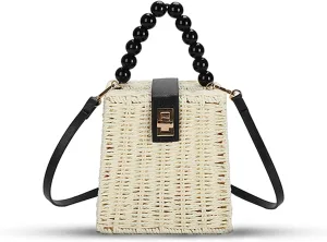 Orgonite Bucket Straw Handbag, Handmade Tote Bag with Pearl Flower, Beach Woven Bag Rattan Basket Purse Drawstring for Women
