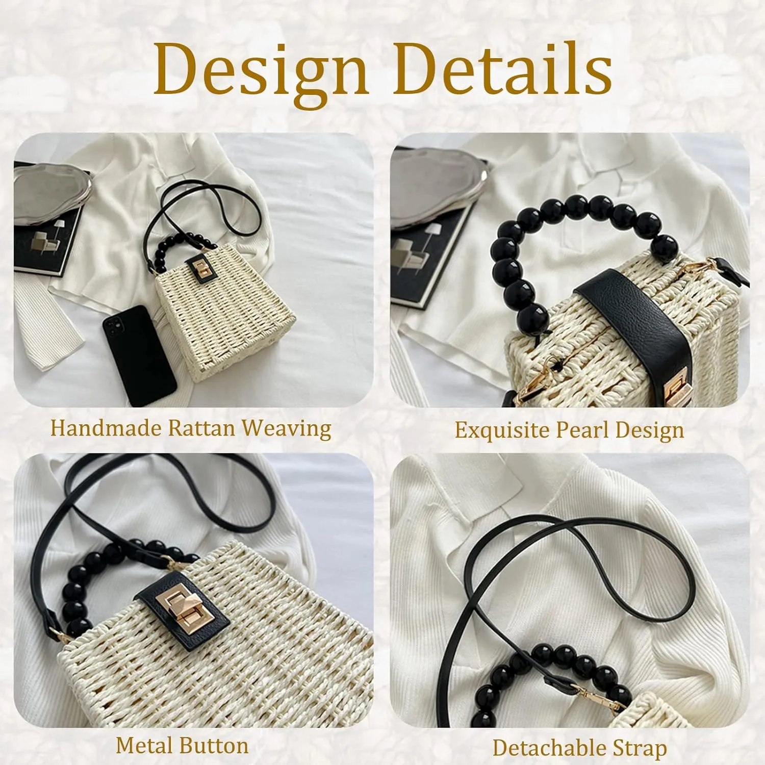 Orgonite Bucket Straw Handbag, Handmade Tote Bag with Pearl Flower, Beach Woven Bag Rattan Basket Purse Drawstring for Women