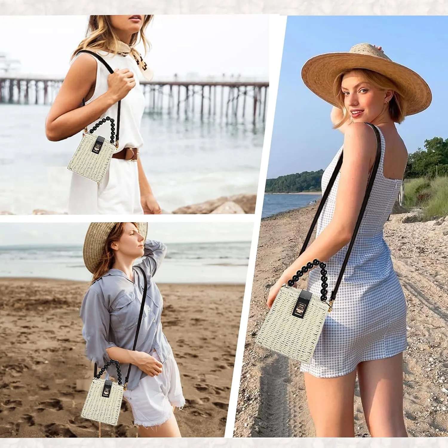 Orgonite Bucket Straw Handbag, Handmade Tote Bag with Pearl Flower, Beach Woven Bag Rattan Basket Purse Drawstring for Women
