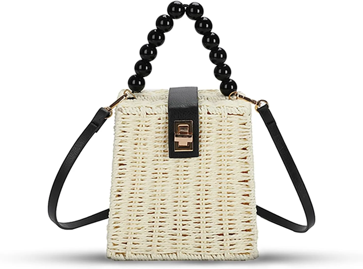 Orgonite Bucket Straw Handbag, Handmade Tote Bag with Pearl Flower, Beach Woven Bag Rattan Basket Purse Drawstring for Women