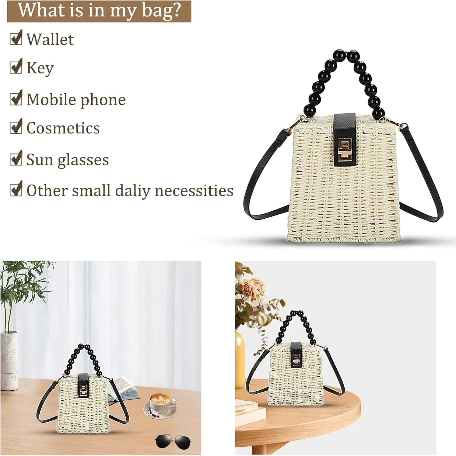 Orgonite Bucket Straw Handbag, Handmade Tote Bag with Pearl Flower, Beach Woven Bag Rattan Basket Purse Drawstring for Women