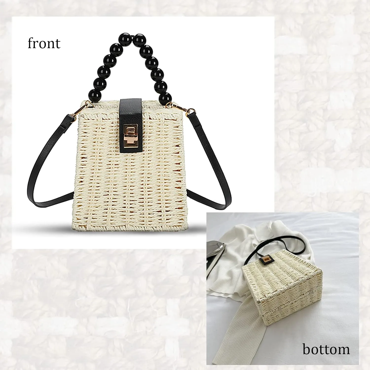 Orgonite Bucket Straw Handbag, Handmade Tote Bag with Pearl Flower, Beach Woven Bag Rattan Basket Purse Drawstring for Women