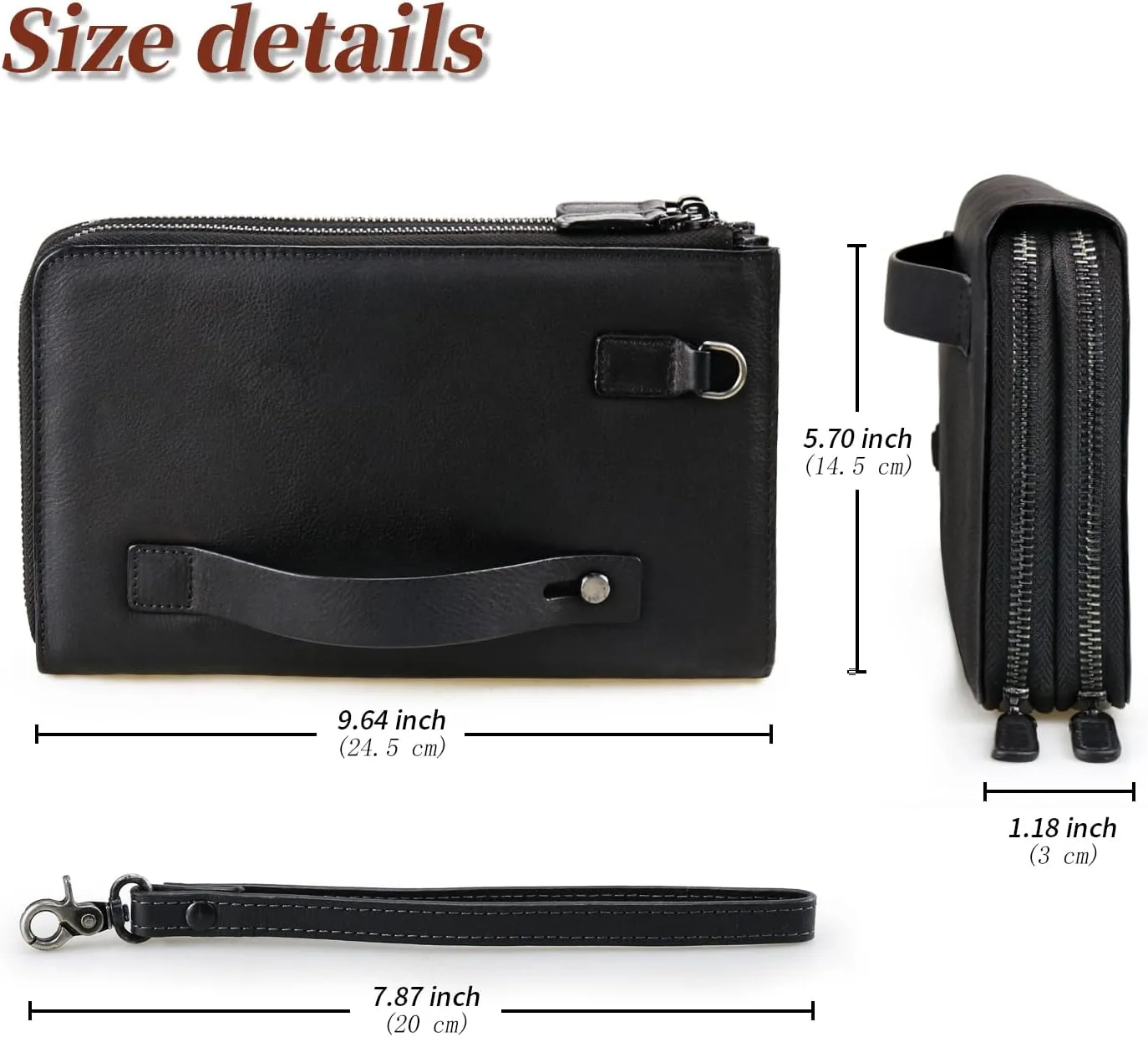 ORIREAL Mens Wristlets Clutch Bag Genuine Leather Wallets Handbag Luxury Purses (Black)