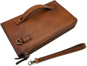 ORIREAL Mens Wristlets Clutch Bag Genuine Leather Wallets Handbag Luxury Purses (Brown)