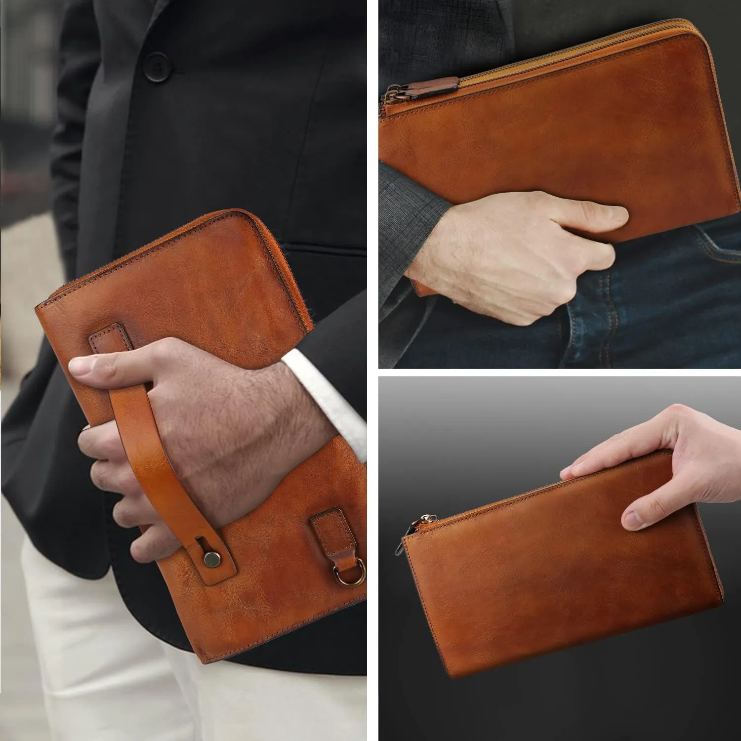 ORIREAL Mens Wristlets Clutch Bag Genuine Leather Wallets Handbag Luxury Purses (Brown)