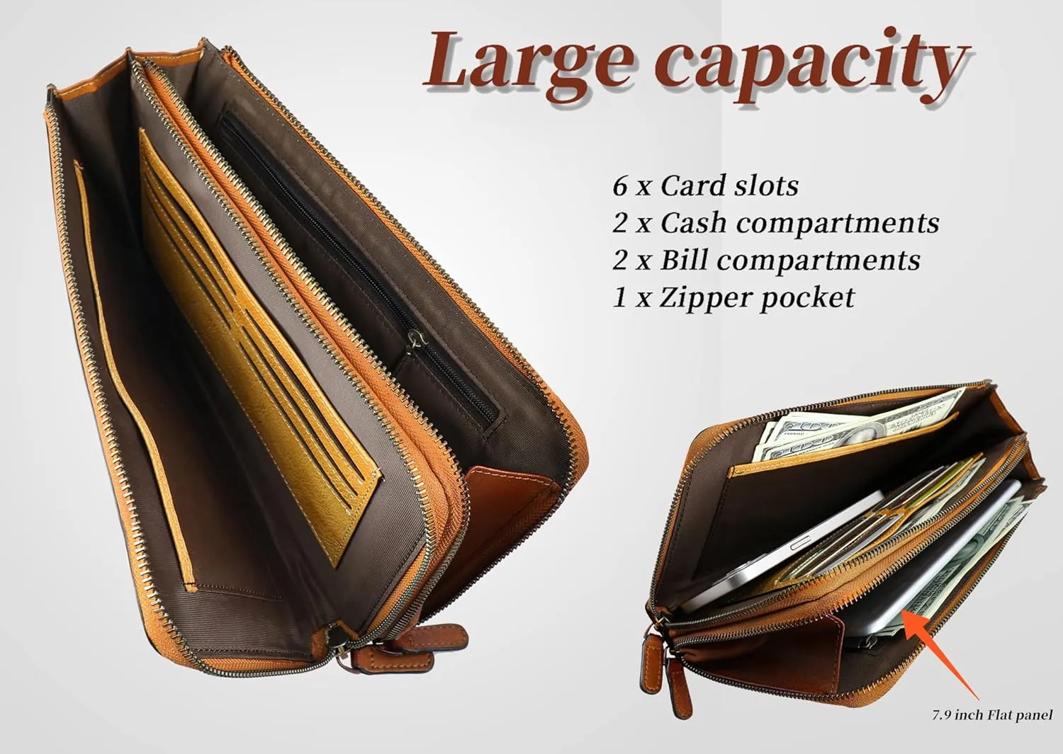 ORIREAL Mens Wristlets Clutch Bag Genuine Leather Wallets Handbag Luxury Purses (Brown)