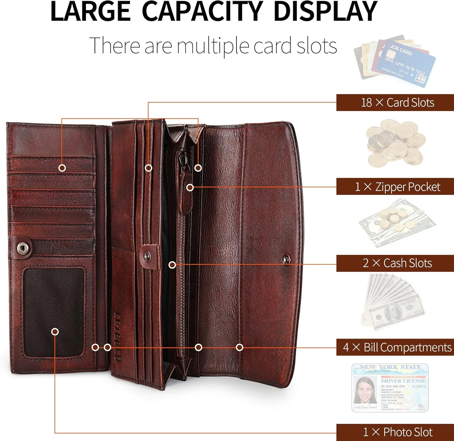 ORIREAL Wallets for Women Large Capacity Leather Clutch Wallet Card Organizer Women's Purse