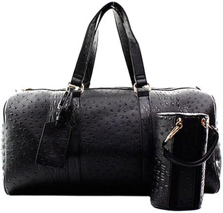 Ostrich Vegan Leather Large Carry On Duffel Bag Luggage Tag and Pouch