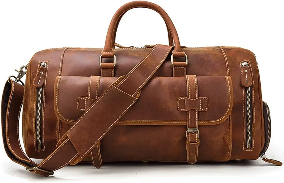 Oversized Travel Duffel Bag Waterproof Canvas Genuine Leather Weekend Bag Weekender Overnight Carryon Hand Bag (Color : B, Size : 58 * 26 * 27cm)