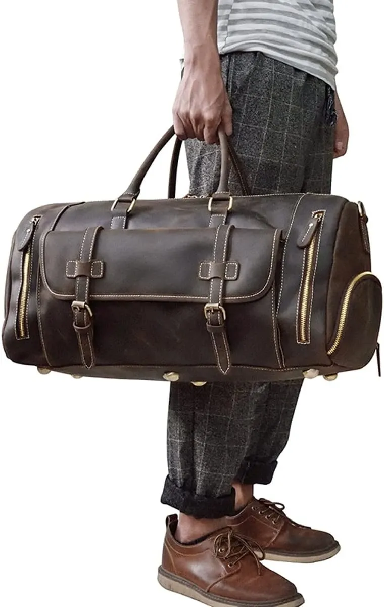 Oversized Travel Duffel Bag Waterproof Canvas Genuine Leather Weekend Bag Weekender Overnight Carryon Hand Bag (Color : B, Size : 58 * 26 * 27cm)