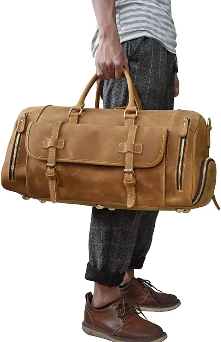 Oversized Travel Duffel Bag Waterproof Canvas Genuine Leather Weekend Bag Weekender Overnight Carryon Hand Bag (Color : B, Size : 58 * 26 * 27cm)