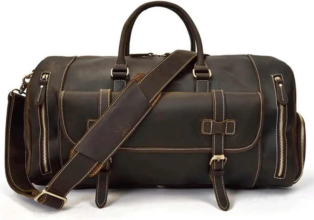 Oversized Travel Duffel Bag Waterproof Canvas Genuine Leather Weekend Bag Weekender Overnight Carryon Hand Bag (Color : B, Size : 58 * 26 * 27cm)