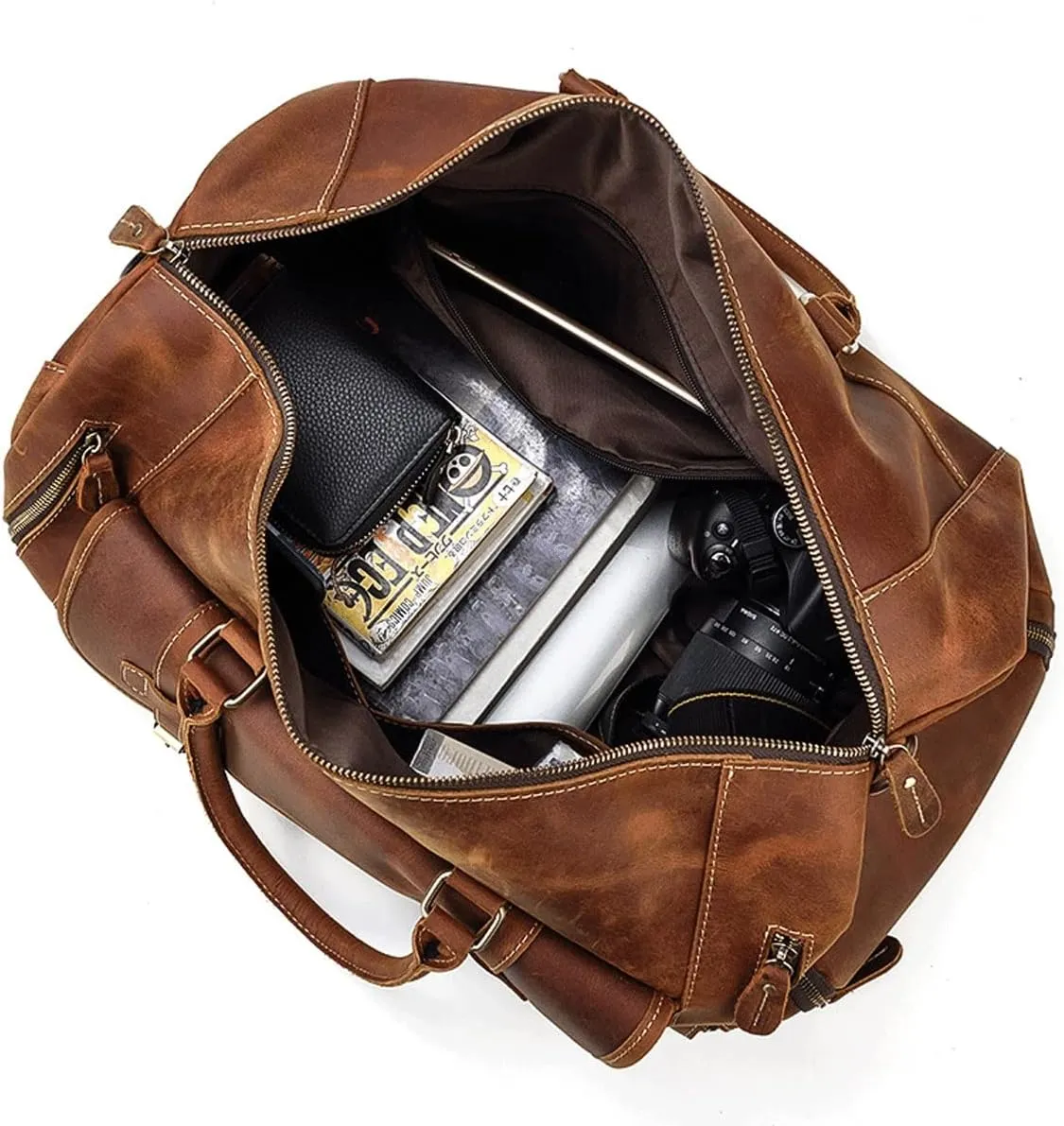 Oversized Travel Duffel Bag Waterproof Canvas Genuine Leather Weekend Bag Weekender Overnight Carryon Hand Bag (Color : B, Size : 58 * 26 * 27cm)