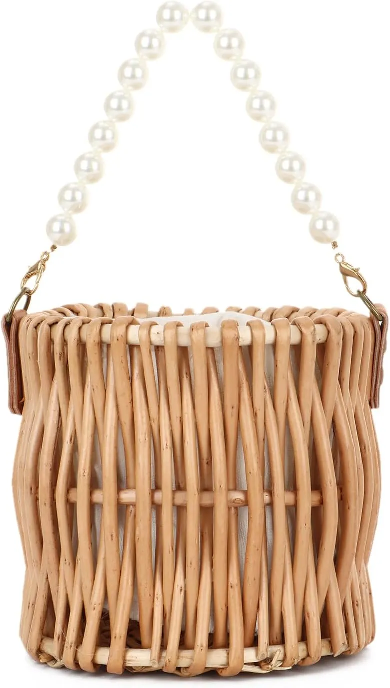 Oweisong Rattan Beach Bag for Women Small Woven Straw Purses Round Wicker Pearl Top Handle Tote Bag for Summer Vacation