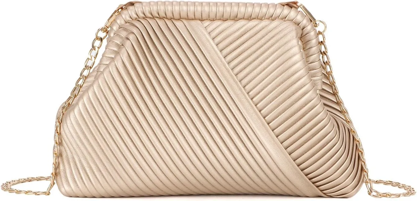 Oweisong Striped Clutch Purse for Women Ruched Leather Evening Bag Small Handbag Purse Cloud Dumpling Bag with Chain