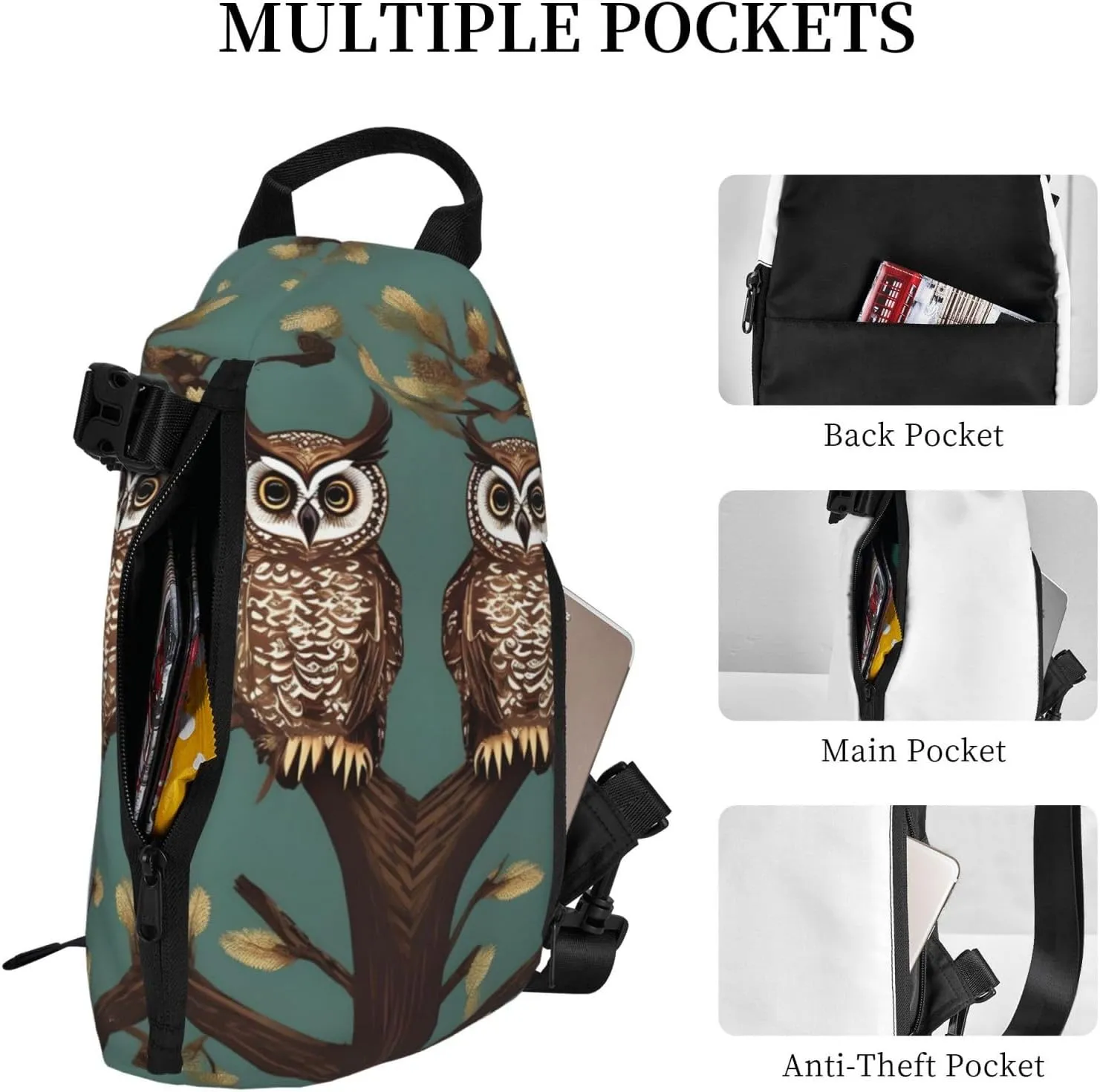 Owl Tree Branches Print Crossbody Backpack Casual Adjustable Bag Multifunctional Sling Backpack